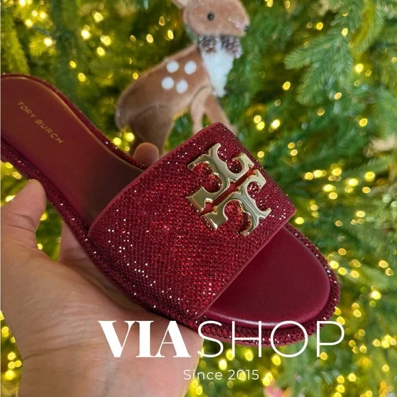 Tory Burch‎ Everly Rhinestone Slides, Red, HOLIDAY EDITION - Picture 9 of 10